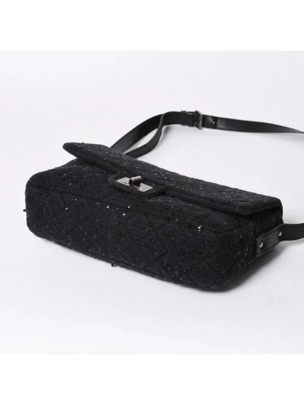 Chanel 2.55 Shoulder Bag CC Logo Sequins Canvas Leather Black